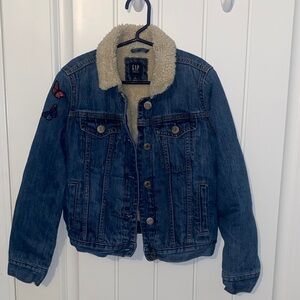 GAP Kids Denim Jacket with Sherpa Collar and Butterfly/ Heart Patches